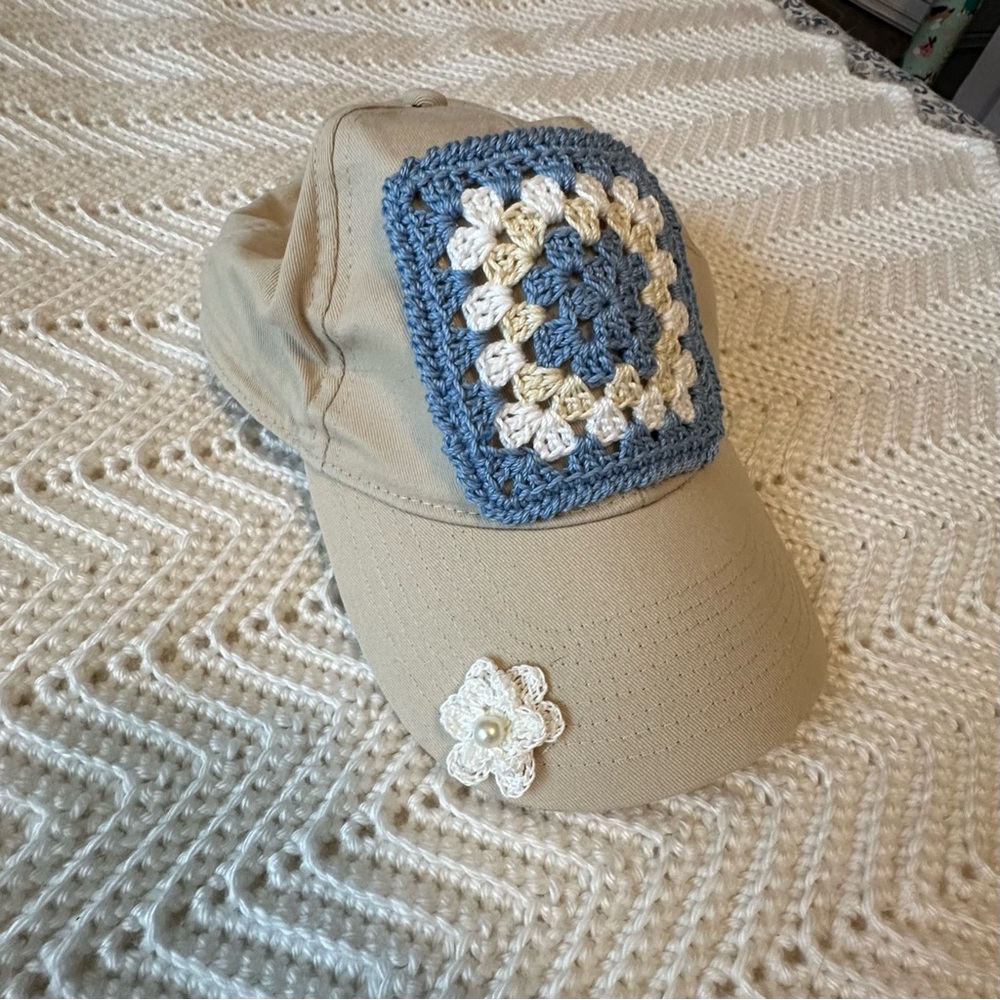 Upcycled Tan Cap with Blue Crochet Granny Square